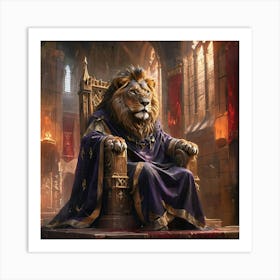 Regal Lion In Purple Cloak Seated On Throne Art Print