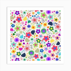 Psychedelic Playful Nature Flowers Colourful Square Art Print