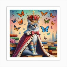 The King of Books - Surrealistic Painting of a Cat on a Book Throne Art Print