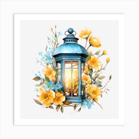 Blue Lantern With Yellow Flowers Art Print