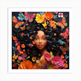 Black Girl With Flowers And Butterflies Art Print