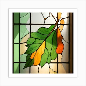 Close Up Of A Stained Glass Window Panel Depicting Two Leaves In Green And Orange Hues, Illuminated By Sunlight Art Print