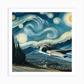 A 3d Rendering Of A Spaceship Traveling Through Space With A Van Gogh Style And A Clear Foreground And Background Art Print