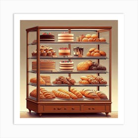 A digital painting of a bakery display case filled with delicious pastries, cakes, cookies, and other baked goods. The case is made of wood and glass, and the shelves are lined with a variety of baked goods. There are cakes of all different sizes and flavors, including chocolate cake, vanilla cake, and strawberry cake. There are also cupcakes, muffins, cookies, and brownies. The bakery case is a mouth-watering display of all the delicious treats that are available. Art Print