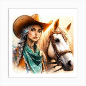 Cowgirl Beauty With Hat And Scarf By A Horse Color Drawing 1 Art Print