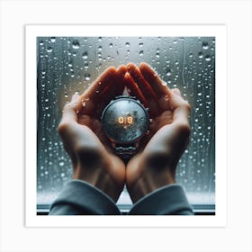 Hands Holding A Watch In The Rain Art Print