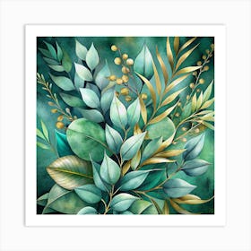 Watercolor Painting Of Green And Gold Leaves 1 Art Print