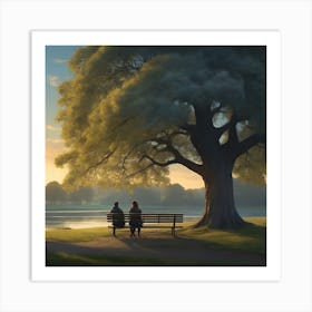 Two People Sitting On A Bench Art Print