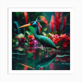 Rainforest Water Bird with Jade Plumage and Red Crest Art Print