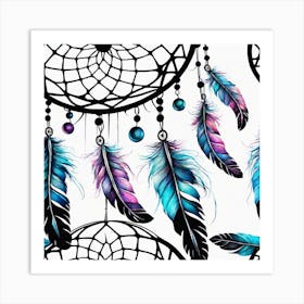 A Collection Of Dream Catcher With Feathers And Pearls - Minimal Color Illustration Art Print