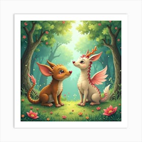 Whimsical Magical Creatures In A Lush, Watercolor Forest 1 Art Print