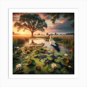 A Stork In A Lily Pond Art Print