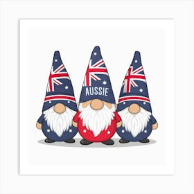 3 Cute Patriotic Australian Gnomes With Blue and Red Flag Color Art Print