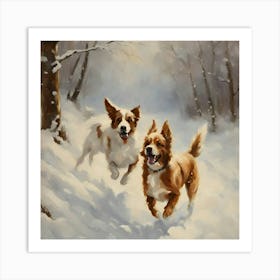 Two Dogs Running In The Snow Art Print