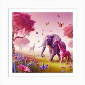 Giraffe And Elephant Art Print