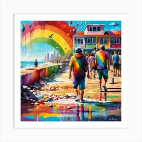 Rainbow Above Beachgoers Walking Along The Beach Art Print