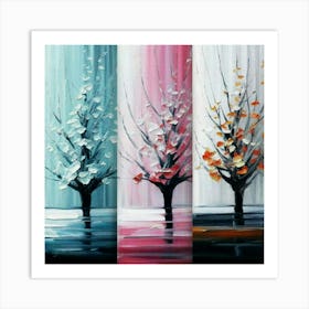 Three different paintings each containing cherry trees in winter, spring and fall Art Print