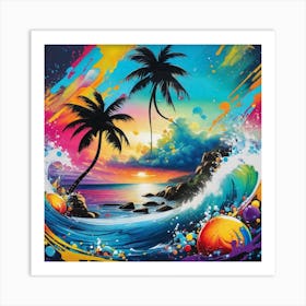 Beach Scene With Palm Trees 6 Art Print