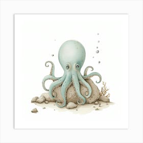 Sleepy Storybook Style Octopus On The Rocks 2 Art Print