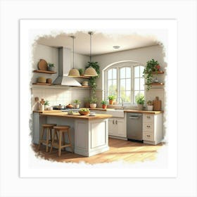 Elegant And Cozy Kitchen In Watercolor, Inviting Ambiance 1 Art Print