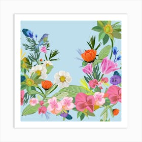 Lovely Flowers And Cute Bird Pattern Blue Background Art Print