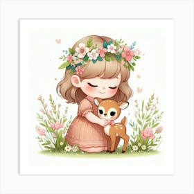 Cute Little Girl With A Deer 3 Art Print