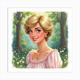 Warm Smile Princess Diana, Pastel Watercolor Forest Behind Her 1 Art Print