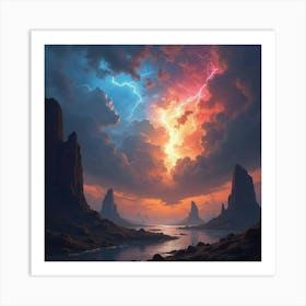 Titan Battling Gods In Colorful Thunderstorm, Vibrant Scene 1 Art Print