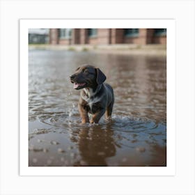 Puppy Playing In Puddle Art Print