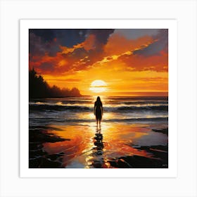 A Solitary Figure Stands At The Waters Edge Silhouetted Against The Vibrant Backdrop Of A Sunset Art Print