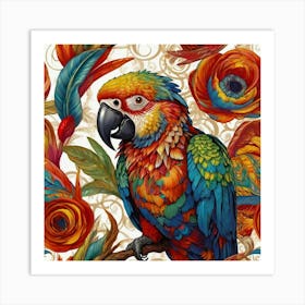 A colorful parrot in the style of intricate psychedelic swirl patterns, in the style of Magali Villeneuve, love and romance, in the style of Caravaggio, colorful Moebius, white background Art Print