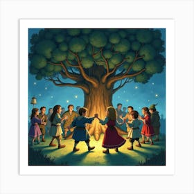 Watercolor Scene Of Hobbits Dancing Under The Party Tree At Night Art Print