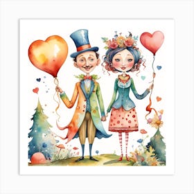 Couple Holding Balloons Cartoon Love Funny Art Print