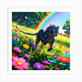 Rainbow Cat In The Meadow Art Print