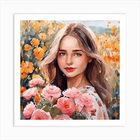 Cute Floral Girl Painting Marimekko Style (2) Art Print