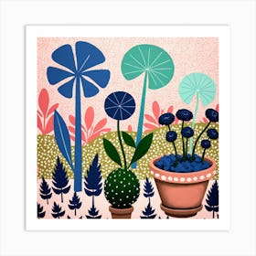 Blue Potted Plants Art Print