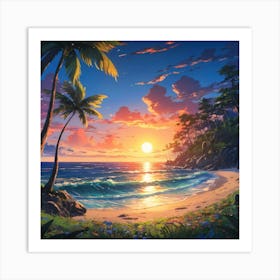 Tropical Beach Sunset With Lush Palm Trees and Serene Ocean Waves Art Print