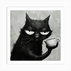 Black Cat With Coffee Art Print