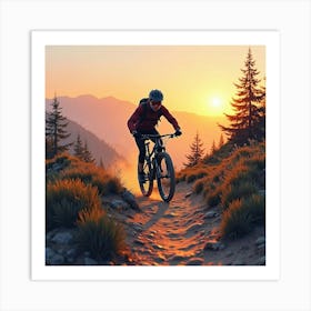 Mountain Bike On A Rugged Trail With Sunset Watercolor 1 Art Print