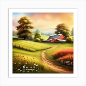 Farm Landscape With Red Barn Art Print