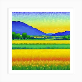 Serene Farm Life Sunset Over the Fields Wheat Field At Sunset Art Print