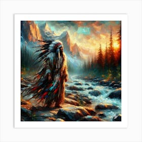 Oil Texture Native American Warrior By Stream Art Print