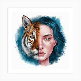 Portrait Of A Woman And A Tiger Art Print