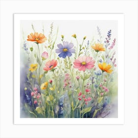 Multicolored Wildflowers Watercolor Field Drawin 0 (1) Art Print