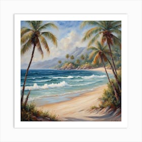 Palm Trees On The Beach, A Tranquil Beach Scene With Palm Trees And Gentle Waves art print 1 Art Print