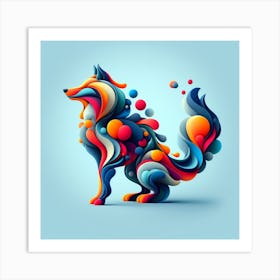 A Wolf, Minimalistic Colorful Organic Forms, Energy, Assembled, Layered, Depth, Alive Vibrant, 3d, Abstract, On A Light Blue Background Art Print