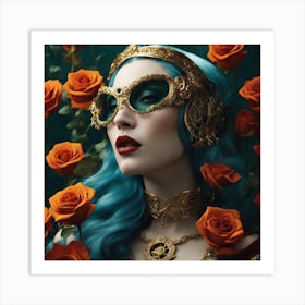 A Woman With Blue Hair And A Steampunk Mask, In The Style Of Byzantine Gold Leaf Accents, Dark Orang Art Print