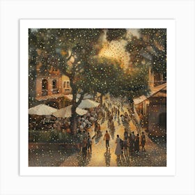 Street Scene At Dusk, Tiny Dots, Pointillism Art Print