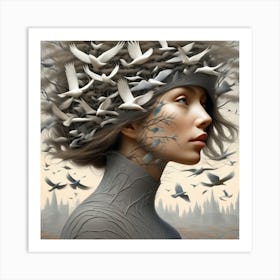 Woman With Birds On Her Head Art Print