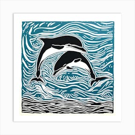 Dolphins In The Water Linocut Art Print